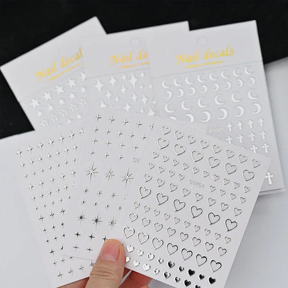 6 Sheets Metal Silver Nail Stickers Metallic 3D Star Nail Art Stickers Decals Self-Adhesive Nail Art Stickers Metal Chain Hea