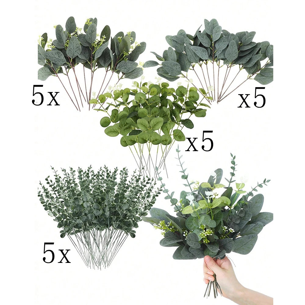 20pcs Eucalyptus Leaves Stems Artificial Plant Bouquet Fake Flowers for Home Decor DIY Floral Arrangement Wedding Decoration