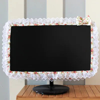 Lace Fabric Computer Frame Cover Monitor Screen Dust Cover With Elastic Pen Pocket Bow Home Decorations - light green / 27-32
