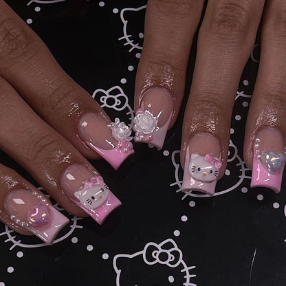 24 Medium Square Nail Pink French Cute Cartoon Cat White Love Camellia Nail Patch Jelly Powder Bow Wear Nail Set