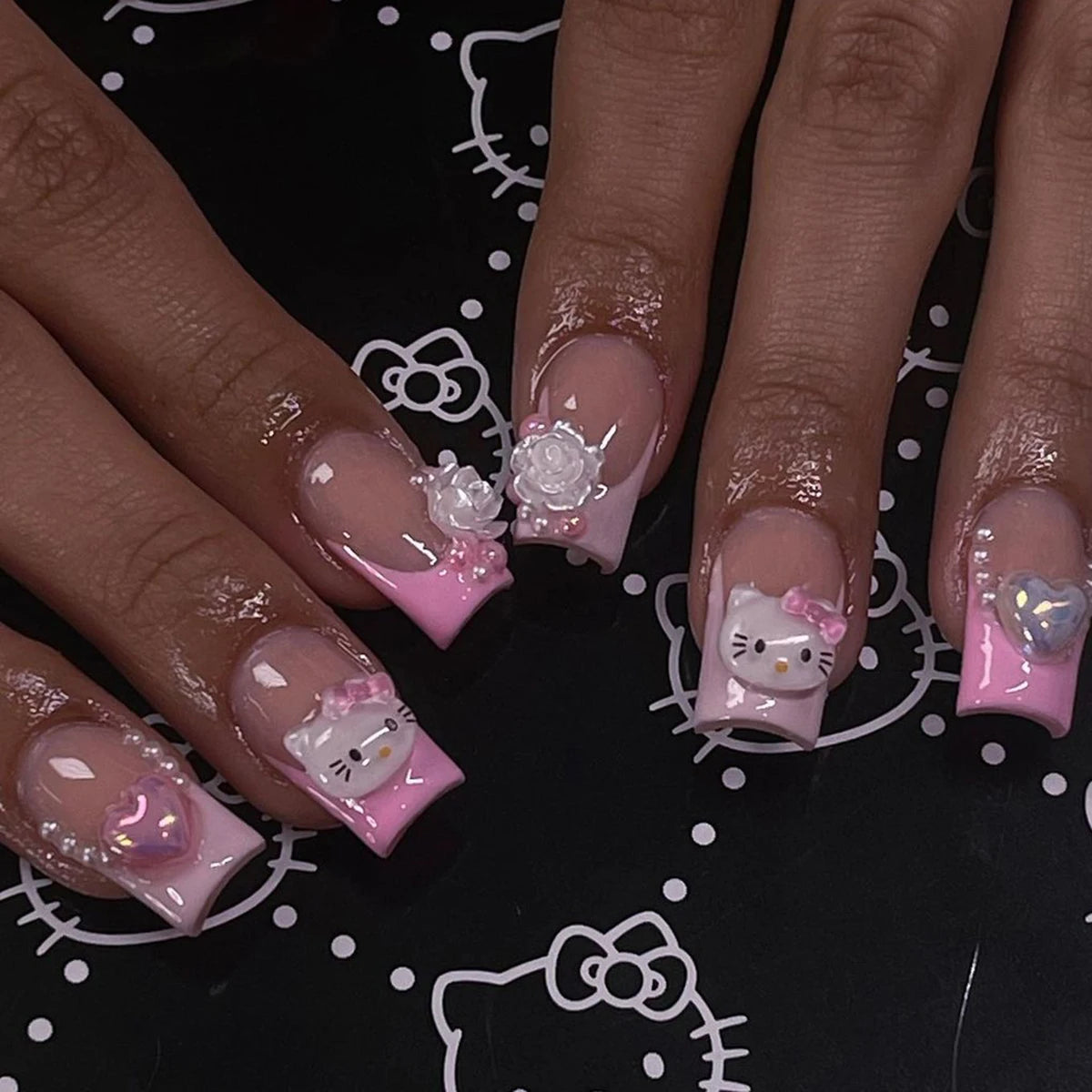 24 Medium Square Nail Pink French Cute Cartoon Cat White Love Camellia Nail Patch Jelly Powder Bow Wear Nail Set - Pink