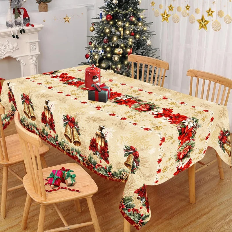 Vintage Christmas Tablecloth Poinsettia Bell Tablecover Christmas Decorations for Home 2025 Navidad Gifts Dining Table Cover
