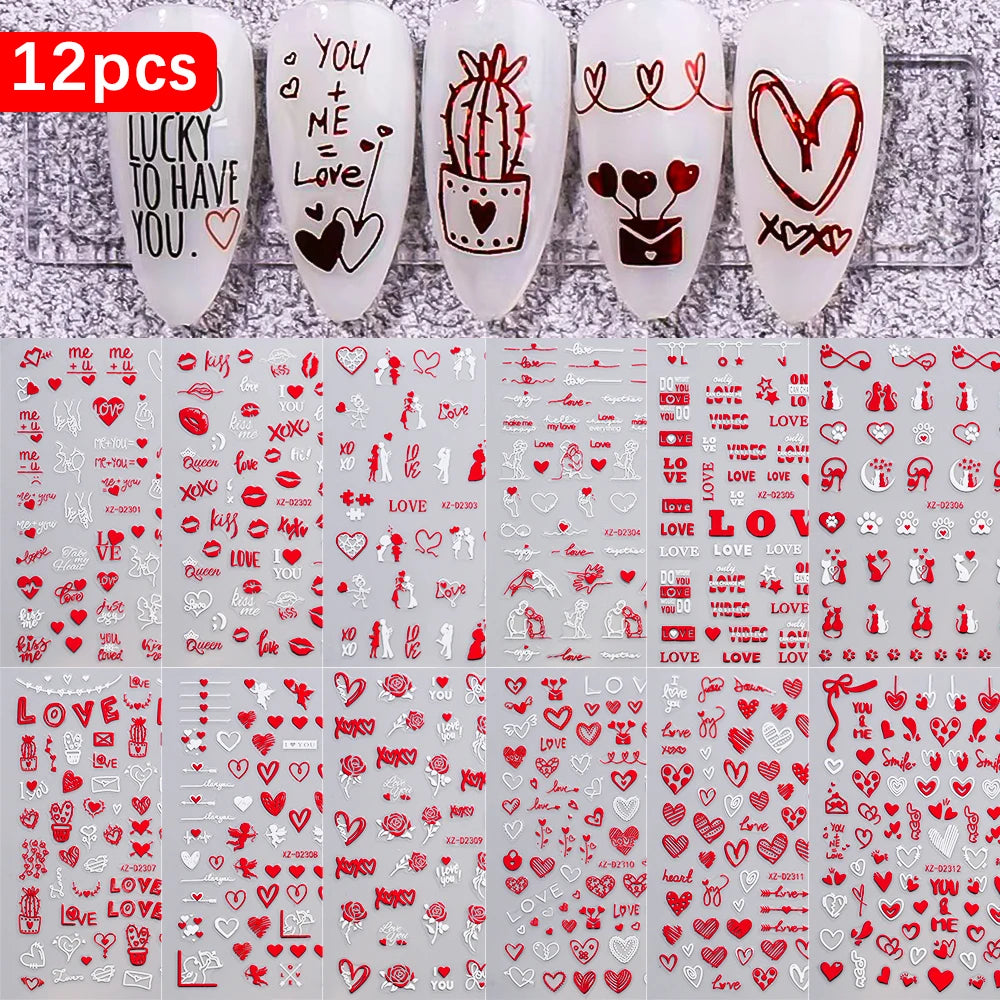 8pc 3D Mixed Color Heart Nail Stickers Valentines' Day Sweet Red Pink Love Selfadhesive Nail Decoration Decals Manicure Suppl
