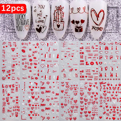 8pc 3D Mixed Color Heart Nail Stickers Valentines' Day Sweet Red Pink Love Selfadhesive Nail Decoration Decals Manicure Suppl