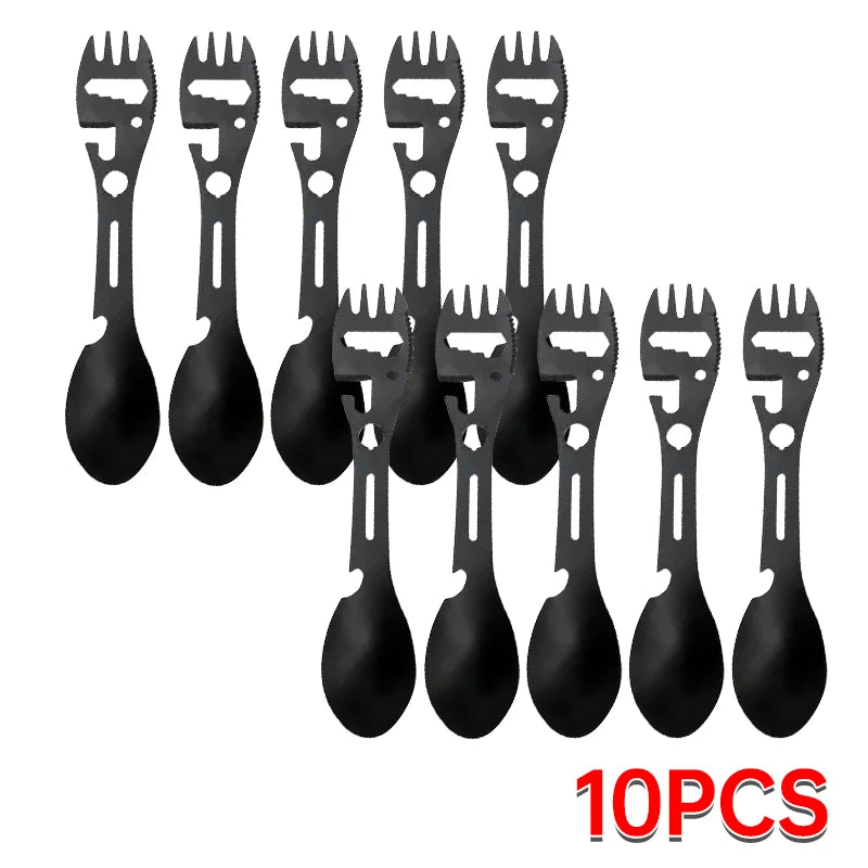 Camping Utensils Set Stainless Steel Outdoor Survival Gear 5 in 1 Tableware Travel Hiking Cutlery Fork Spoon Opener - 10pcs b