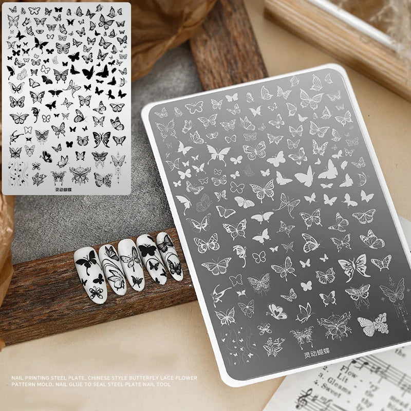 Elegant Grid Nail Stamping Plates 10*15cm Plus Size Plaid Line Stripe Butterfly Flower Design Nail Art Plates DIY Printing To