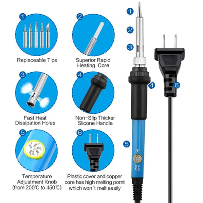60W Adjustable Temperature Electric Soldering Iron Welding Iron Rework Station Heat Pen Tips DIY Repair Tool
