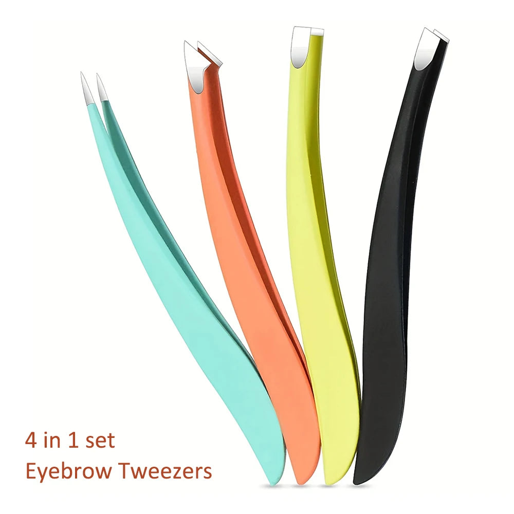 Ouriner Eyebrow Tweezers Set 4 Pcs Stainless Steel Eyebrow Forceps Professional Beauty Tool Set For Facial Hair Inward Growin