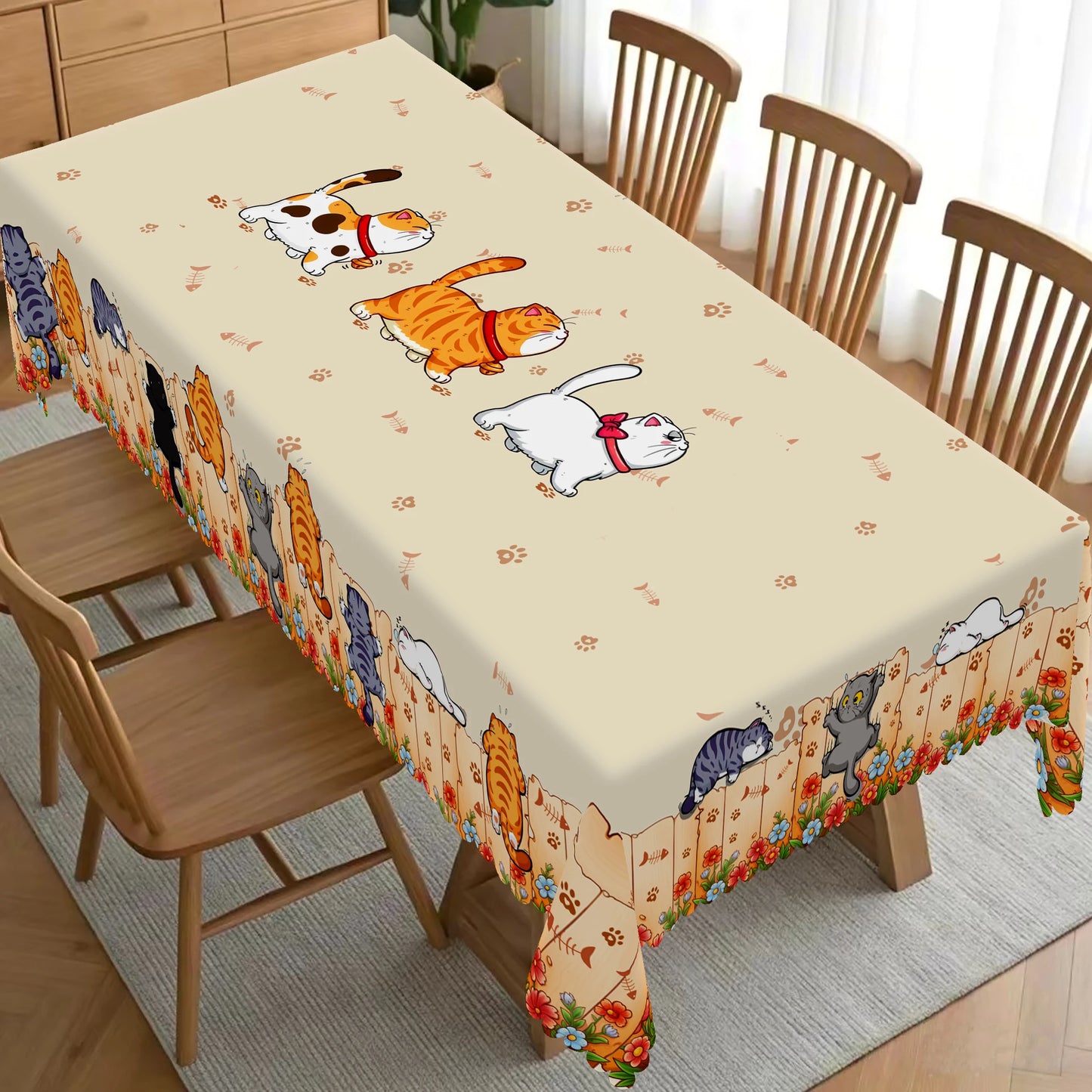 1 Piece of Cute Cat Round Tablecloth, 5 Sizes Available, Cute Cartoon Cat Pattern Printed Desk Tablecloth, Edge Embossing Pro