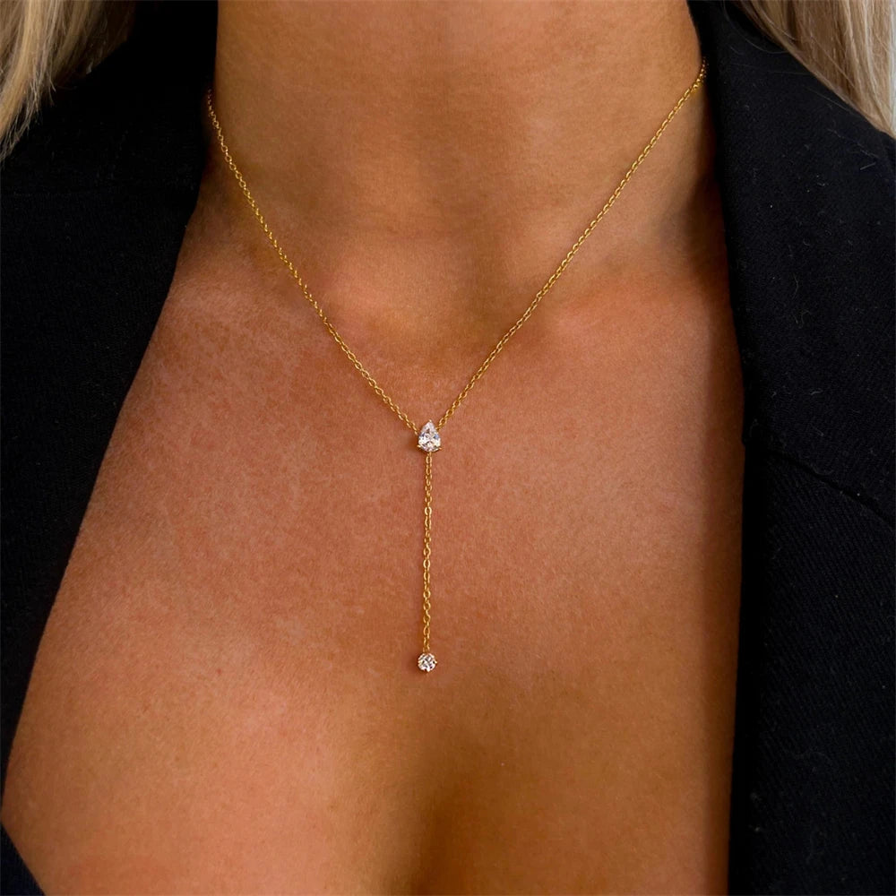 14K Gold Plated Lariat Necklace for Women CZ Star Clover Teardrop Y Shaped Drop Pendant Necklaces Elegant Party Wedding Jewel