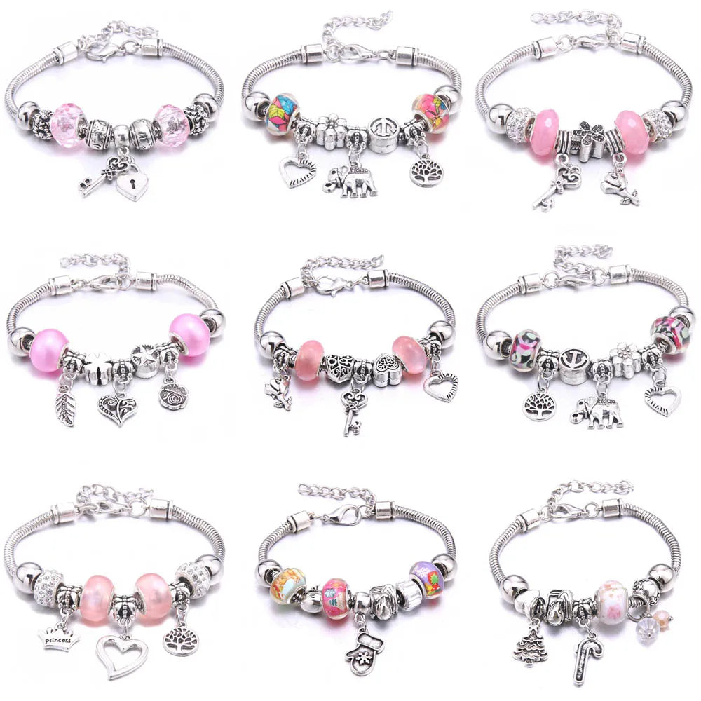 Pink Charm Bangle Lobster Buckle Snake Chain Beaded Bangles For Women Summer Romantic Gift Fashion Butterfly Bracelet Jewelry