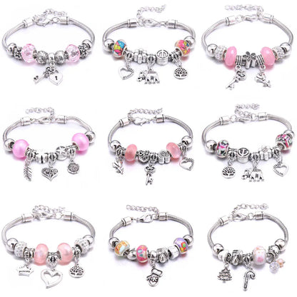 Pink Charm Bangle Lobster Buckle Snake Chain Beaded Bangles For Women Summer Romantic Gift Fashion Butterfly Bracelet Jewelry