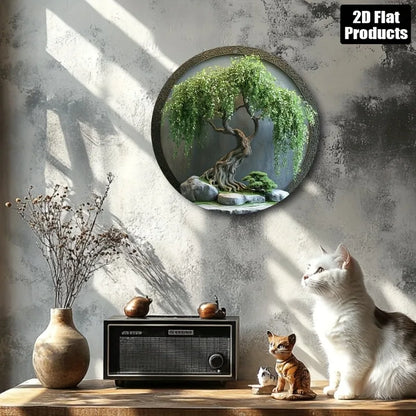 Vintage-Inspired Aluminum Wall Art - Round Bonsai Tree with Rocks & Moss, Ideal for Home, Bar, Kitchen, Perfect Holiday Gift