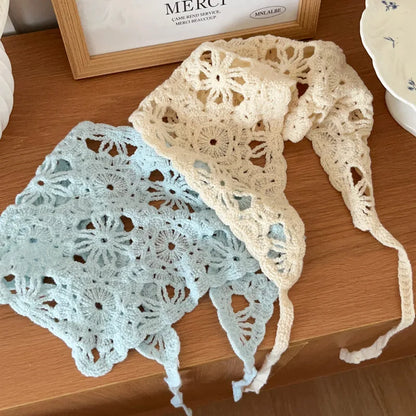 Fashion Knitted Headscarf Women French Pastoral Style Triangle Headband Handmade Crochet Headband Towel Retro Flower Headscar