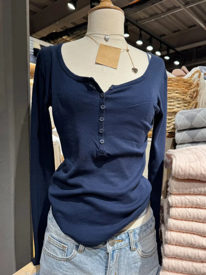 Six Buttons Ribbed Long Sleeve T-shirts Women Spring Round Neck Cotton Slim Tee Top Female Sweet Cute Pink Tshirt Y2k Tops Ne