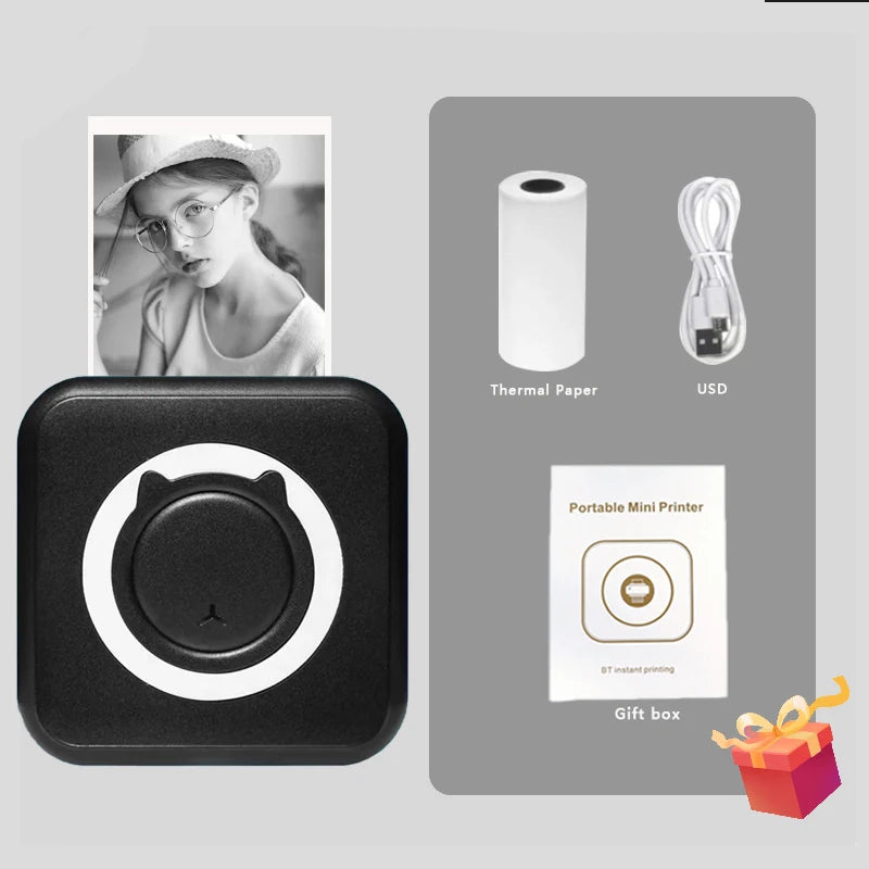 MINI Print Portable Thermal Printer Photo Pocket Thermal Label Printer 58mm Printing Wireless Bluetooth Android IOS - black