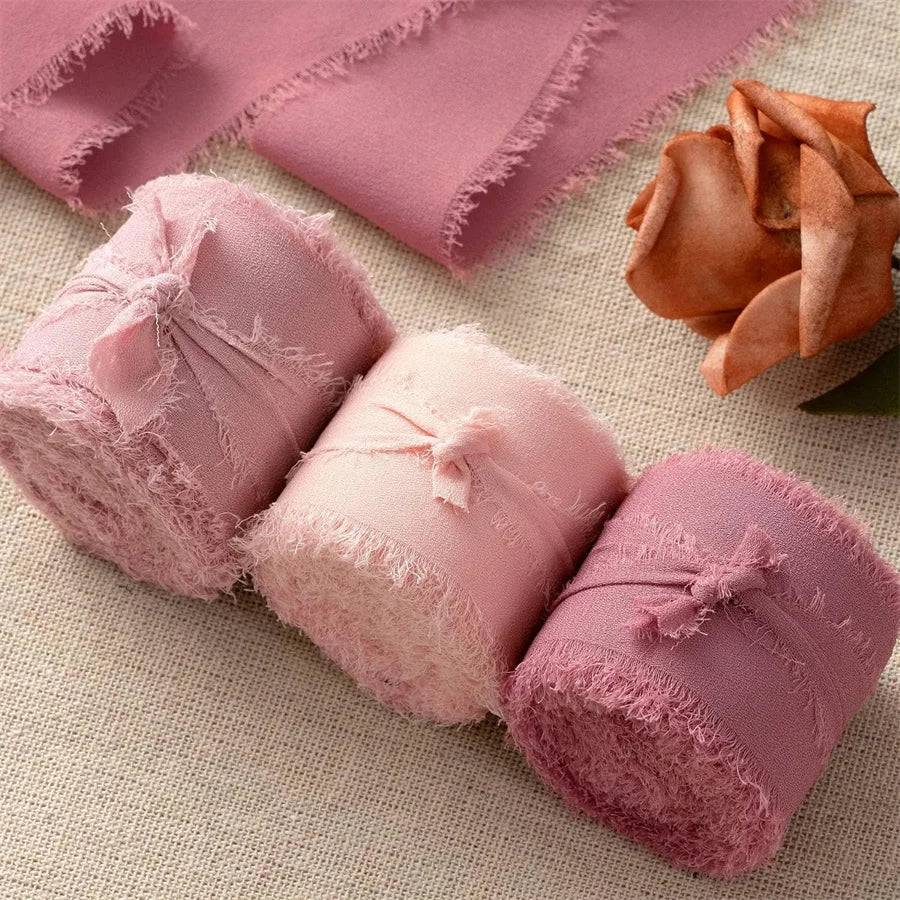 3 Roll/set 5m Frayed Edged Satin Handmade Chiffon Silk Ribbon For Wedding Invitation Bouquets Birthday Party DIY Decoration G