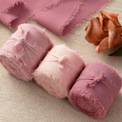 3 Roll/set 5m Frayed Edged Satin Handmade Chiffon Silk Ribbon For Wedding Invitation Bouquets Birthday Party DIY Decoration G