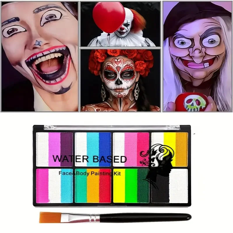 Palette Rainbow Stripe Paint Set with Brushes, Water Based Dual-Tone Face and Body Paint Palette, Christmas Halloween Cosplay