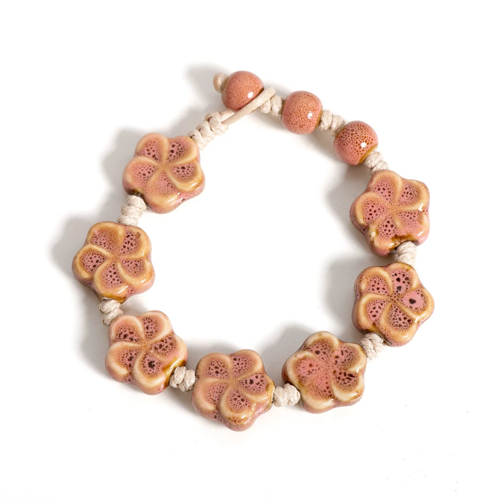 Handmade Ceramic Flower Bracelet 16–18cm Adjustable Cord Jewelry with Pink or Purple Glazed Beads for DIY Boho Style S02-057 