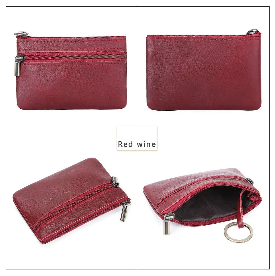 Retro Genuine Leather Coin Purse with Keychain for Men & Women Cowhide Zipper Coin Wallet Vintage Key Holder - red coin purse