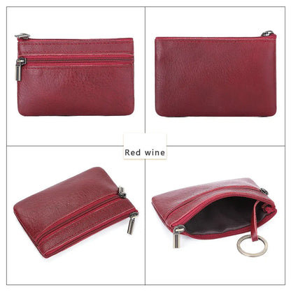 Retro Genuine Leather Coin Purse with Keychain for Men & Women Cowhide Zipper Coin Wallet Vintage Key Holder - red coin purse
