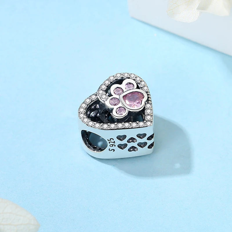 Original 925 Sterling Silver Charms Love Pets Dog Cat Paw Print Pendant Beads Fit Brand Bracelets Necklaces Women DIY Jewelry
