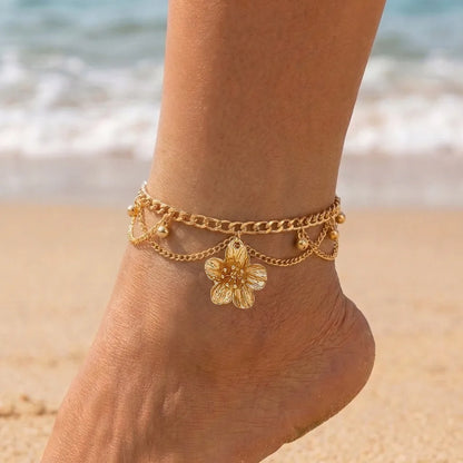 New Bohemia Starfish Conch Shell Beads Anklet For Women Double Heart Beaded Leg Chain Summer Beach Party Barefoot Sandal Jewe