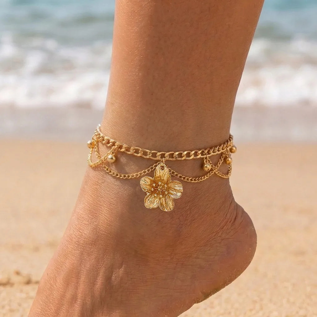 New Bohemia Starfish Conch Shell Beads Anklet For Women Double Heart Beaded Leg Chain Summer Beach Party Barefoot Sandal Jewe