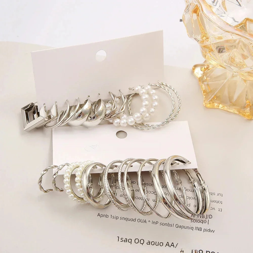 24 Pcs Vintage Silver Color Y2K Pearl Earrings for Women Geometry Round Circle Square Hoop Earring Set Fashion Female Jewelry