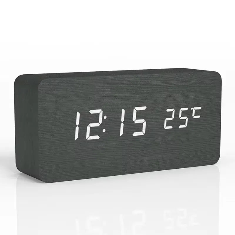 Wooden Digital Alarm Clock LED Table Clock with Temperature for Bedroom Office Desk Decorations - Black
