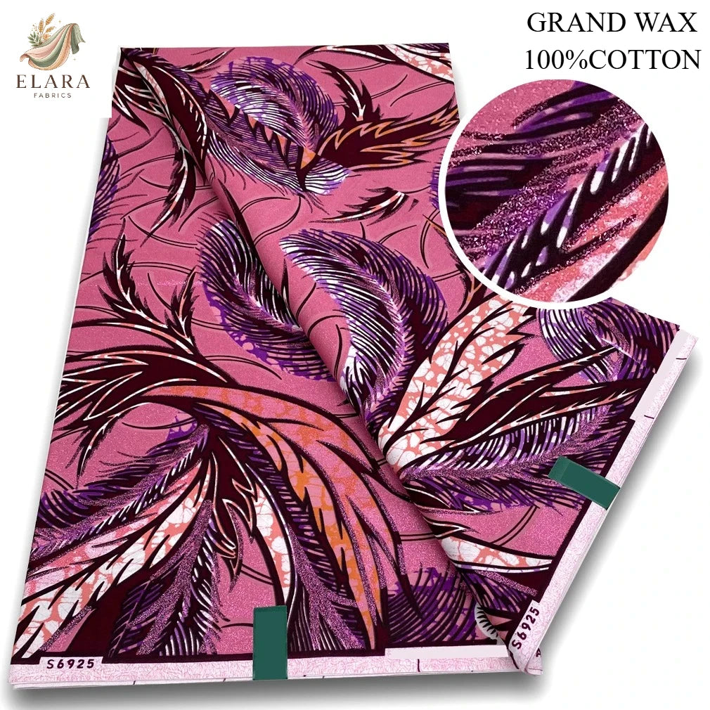 6Yard Pink Super African Grand Wax Fabric Flash Pagne Glam Print Batik Tissu Ankara Glitter Wax Gold Cotton Material For Unif