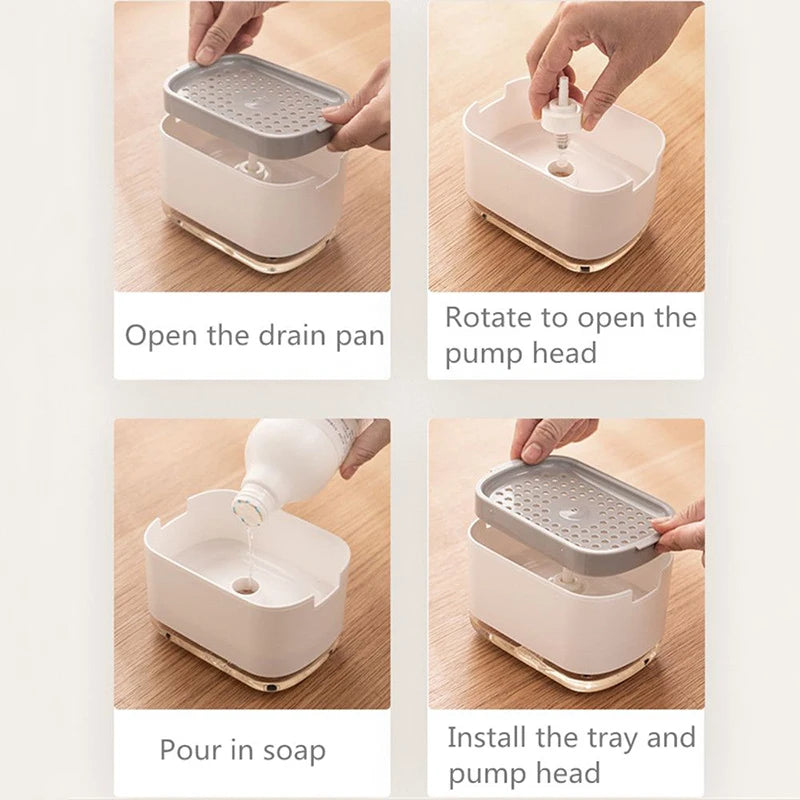 Soap Dispenser Box Press Dispenser Scrubbing Liquid Container Kitchen Bathroom Automatic Detergent Foam Box with Sponge Holde