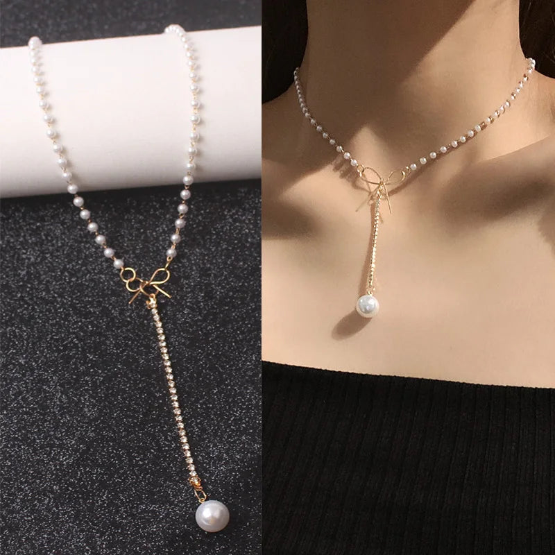 New Korean Pearl Necklaces for Women Gold Color Link Chain Choker Fashion Neck Accessories Elegant Collar Bijoux Femme - N310
