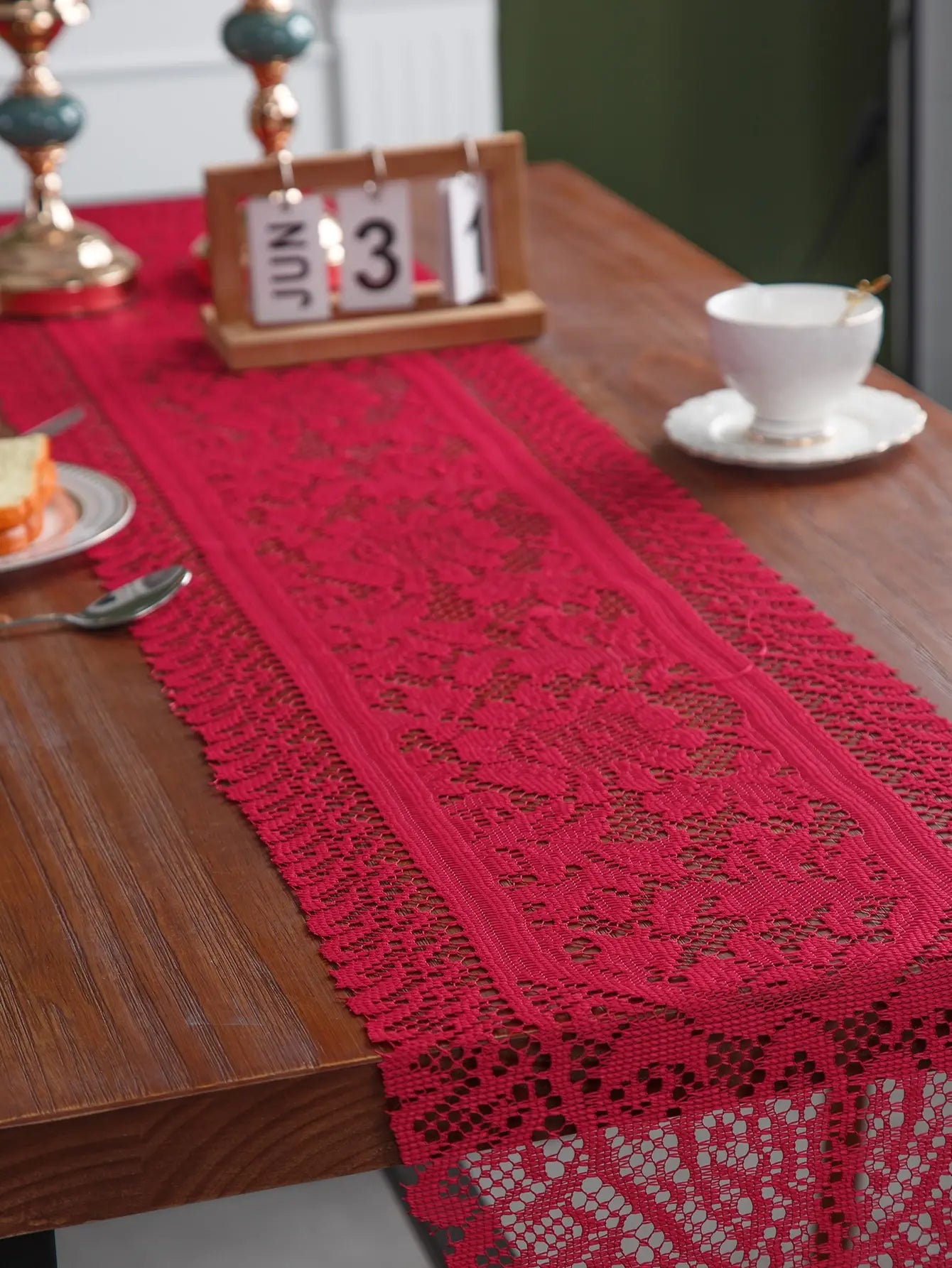 Red Lace Table Cloth Runner for Wedding Banquet Decorations, Christmas Party Table Decor, Red, 13 x 59 Inch