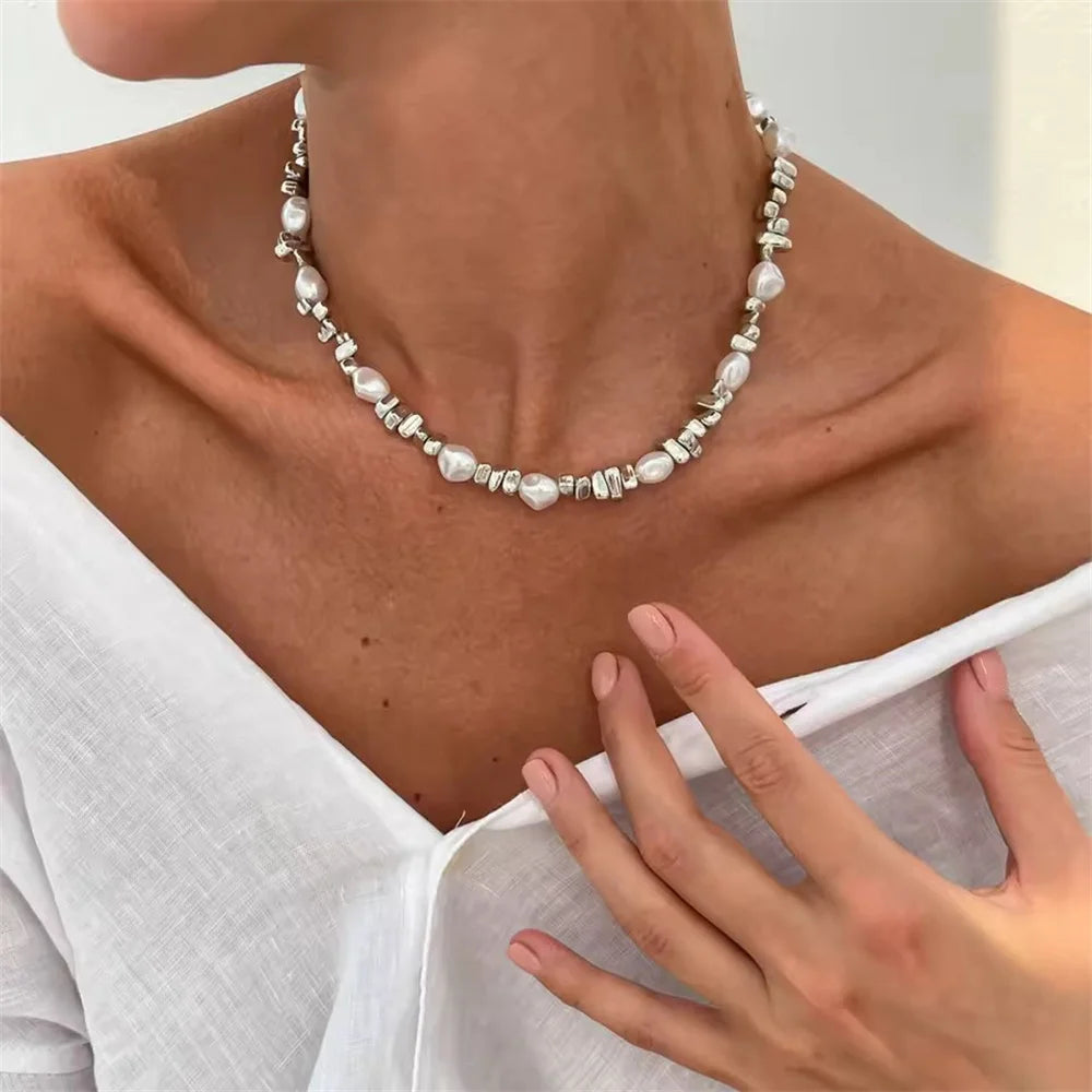 Fashion Vintage Silver Color Geometric Bead Chain Necklace For Women Female Boho Tassel Heart Pendant Jewelry - NES-25919-4