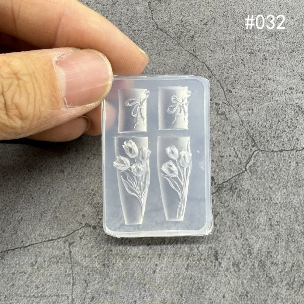 New Transparent Nailart Mold 3D Carving Rose Flower Silicone Template with Box Tulip Bow Nail Art Molds Nail Decoration