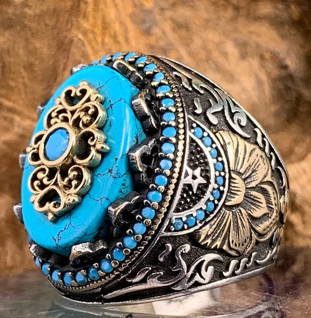 Retro Handmade Turkish Signet Ring for Men Vintage Silver Color Carving Pattern Inlay Green Zircon Party Punk Motor Biker Rin