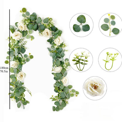 180cm Artificial Eucalyptus Garland with White Flowers for Home Festival Wall Hanging Garden Wedding Backdrop Arch Party Deco