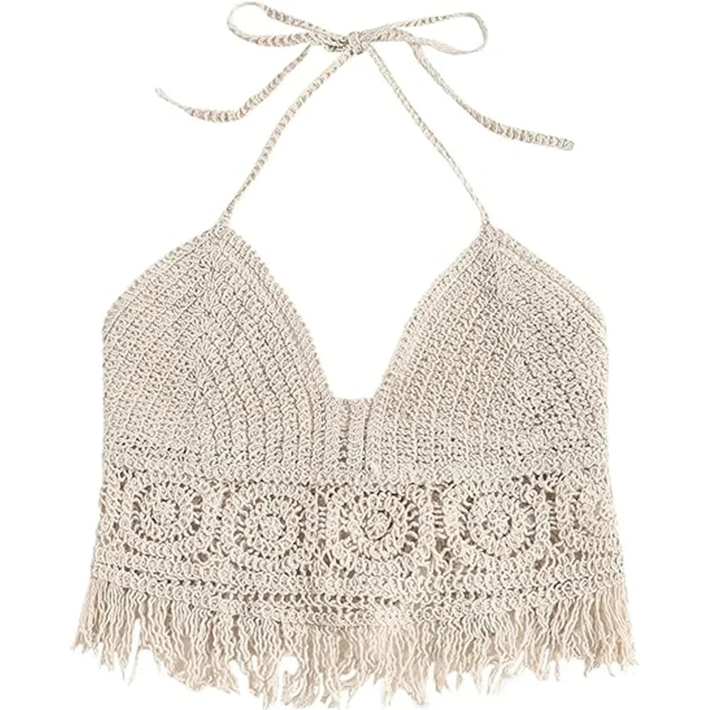Women's Boho Fringe Backless Halter Tie Neck Underwear Outerwear with Neck Hanging Embroidery Tassel Suspender Vest Short Tan
