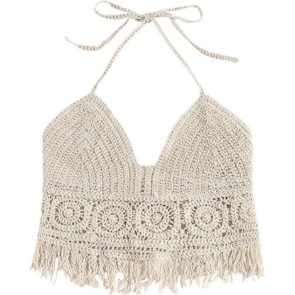 Women's Boho Fringe Backless Halter Tie Neck Underwear Outerwear with Neck Hanging Embroidery Tassel Suspender Vest Short Tan