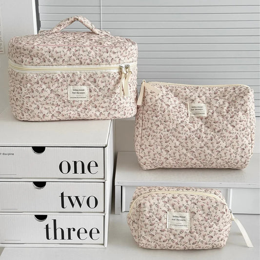 Vintage Women Floral Print Cosmetic Pouch Handbag Travel Orgainzer Make Up Storage Bag Large Capacity Quilted Bag