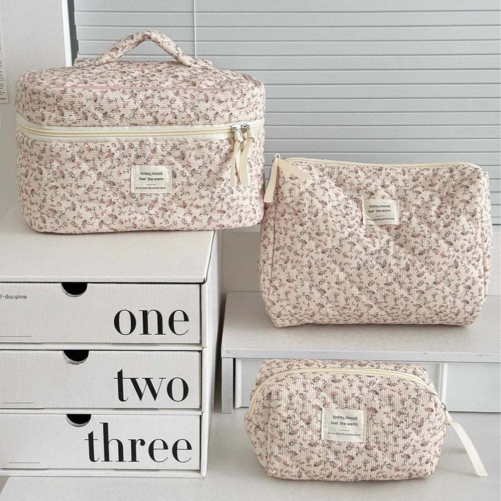 Vintage Women Floral Print Cosmetic Pouch Handbag Travel Orgainzer Make Up Storage Bag Large Capacity Quilted Bag For Gift