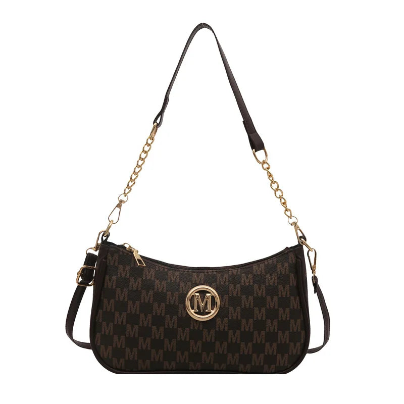 Vintage Style Handbag Crossbody Bag, Gold Letter 'M' Design Pu Leather Shoulder Messenger Bag, Synthetic Leather Tote Bag, Pu