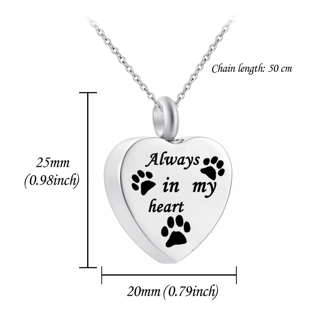 Cremation Jewelry for Ashes Always in My Heart Stainless Steel Heart Pet Paw Keepsake Pendant Memorial Urn Necklace