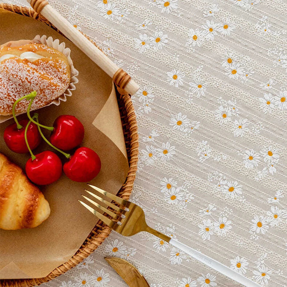Korean Style Small Daisy Cotton Floral Tablecloth For Kitchen, Wedding, Dining Room