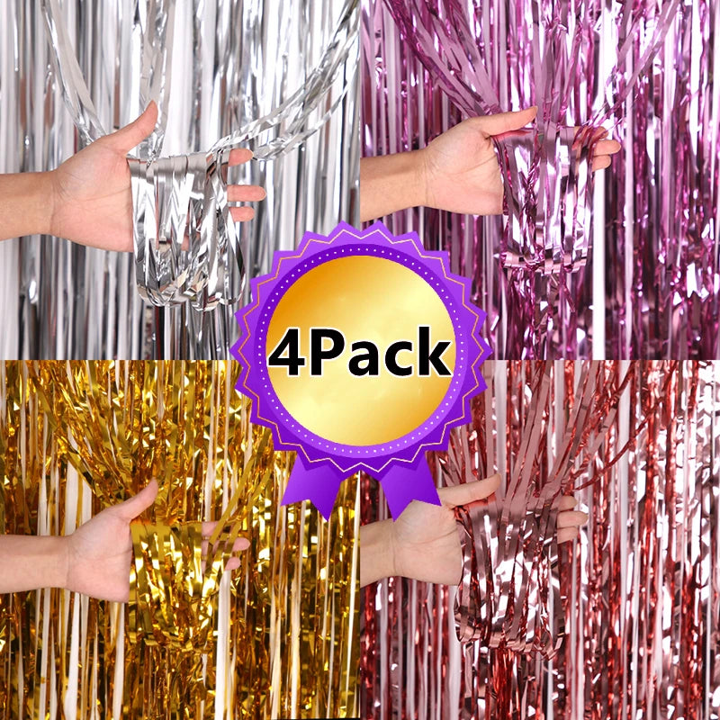 New 4/2/1Pack Party Backdrop Metallic Foil Fringe Tinsel Curtain Adult Kids Birthday Party Wedding Decoration Baby Shower Fav