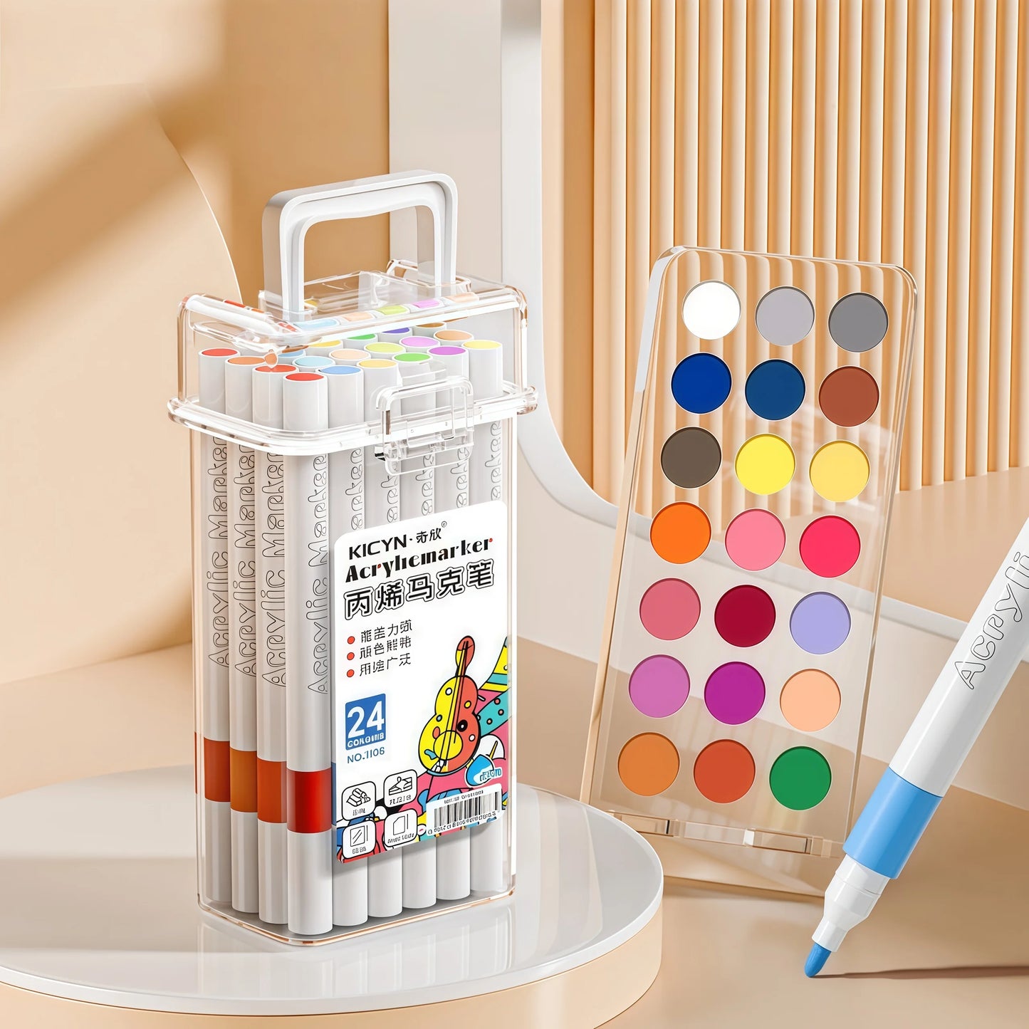 Water-Washable, Non-Bleeding, Layerable Acrylic Markers for Primary School Students - Waterproof, Bucket-Packed Colored Pens 
