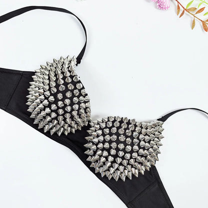 Sexy Rivets Punk Lingerie Underwear,Fashion Metallic Flash Rivet Bra with Wire Free for Women,Nightclub Party Bar Hot Bras