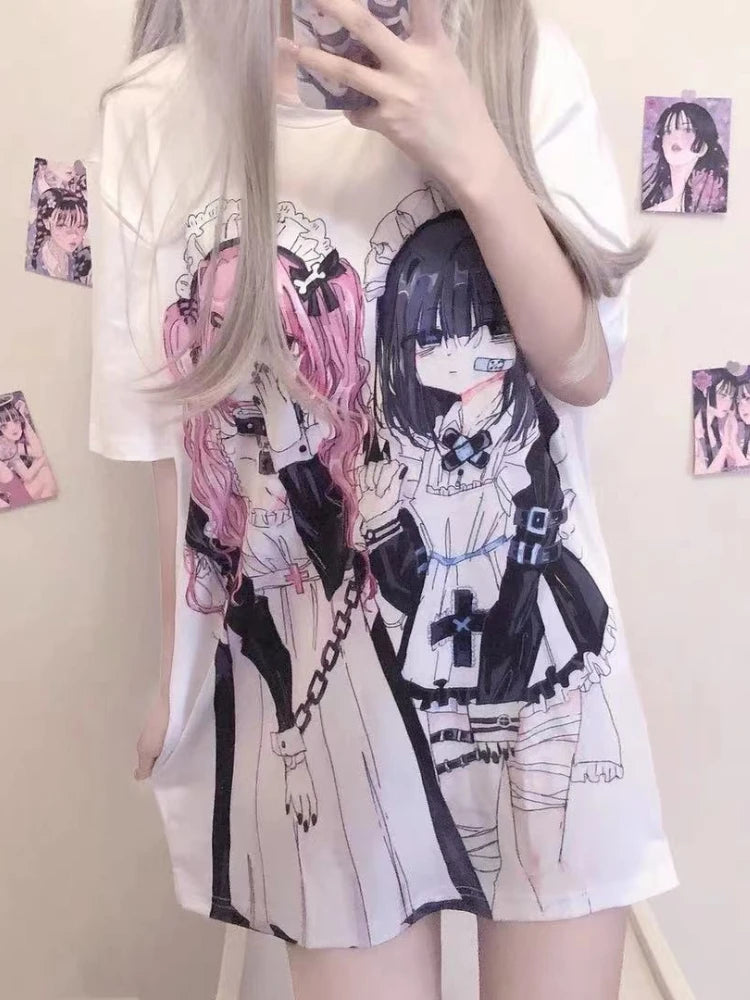 KOSAHIKI Y2k Aesthetic Cute Cartoon Print Round Neck Short-sleeved T-shirt Women 2026 Casual Loose Top Japanese Kawaii Tees